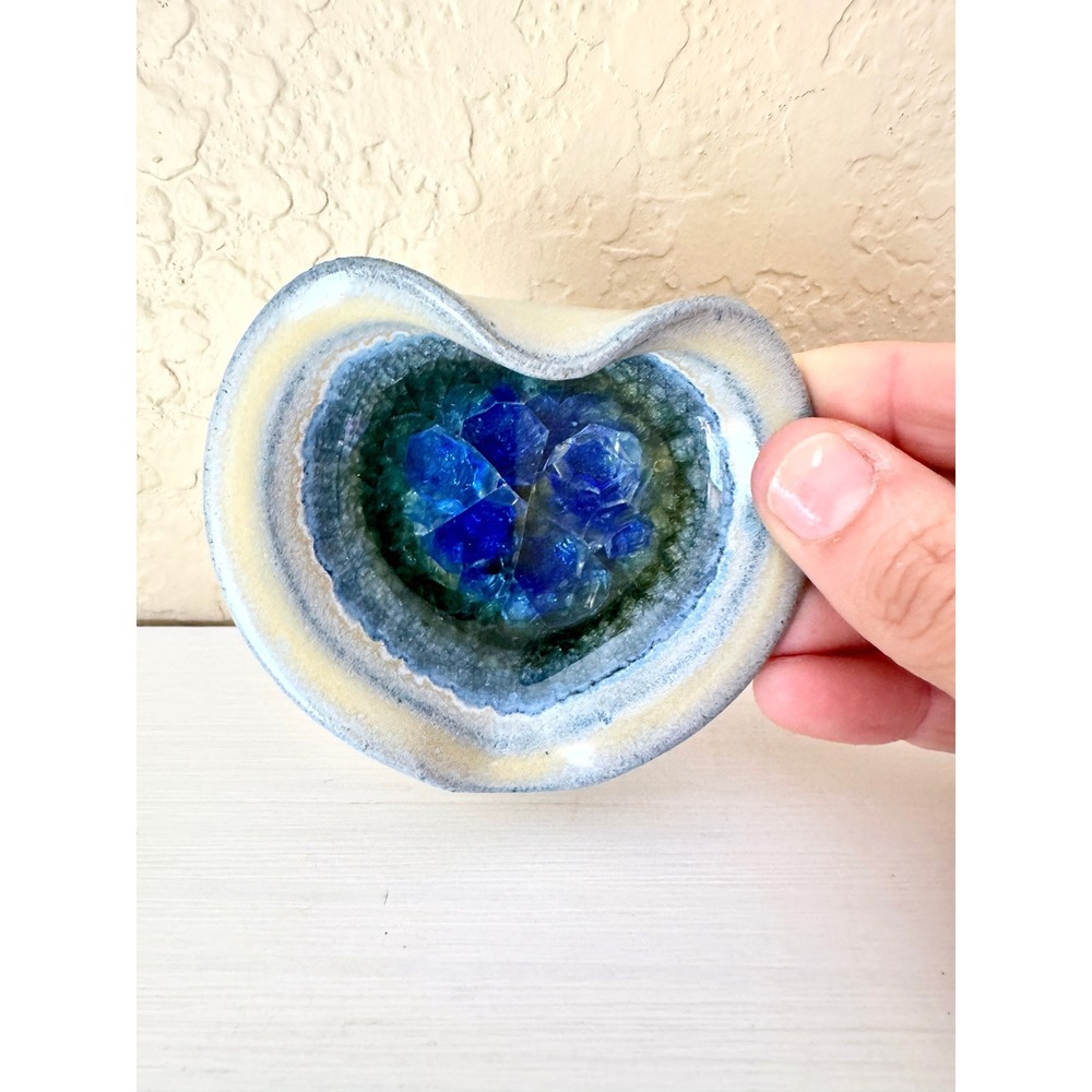 Artisan Heart Shaped Studio Pottery Dish Blue Crystal Geode Ring Dish‎ Gift